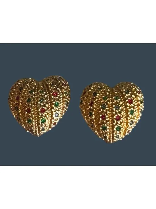 Nina Ricci Gold Tone Heart Clip On Earrings Red Green Rhinestones 1" - Picture 5 of 8